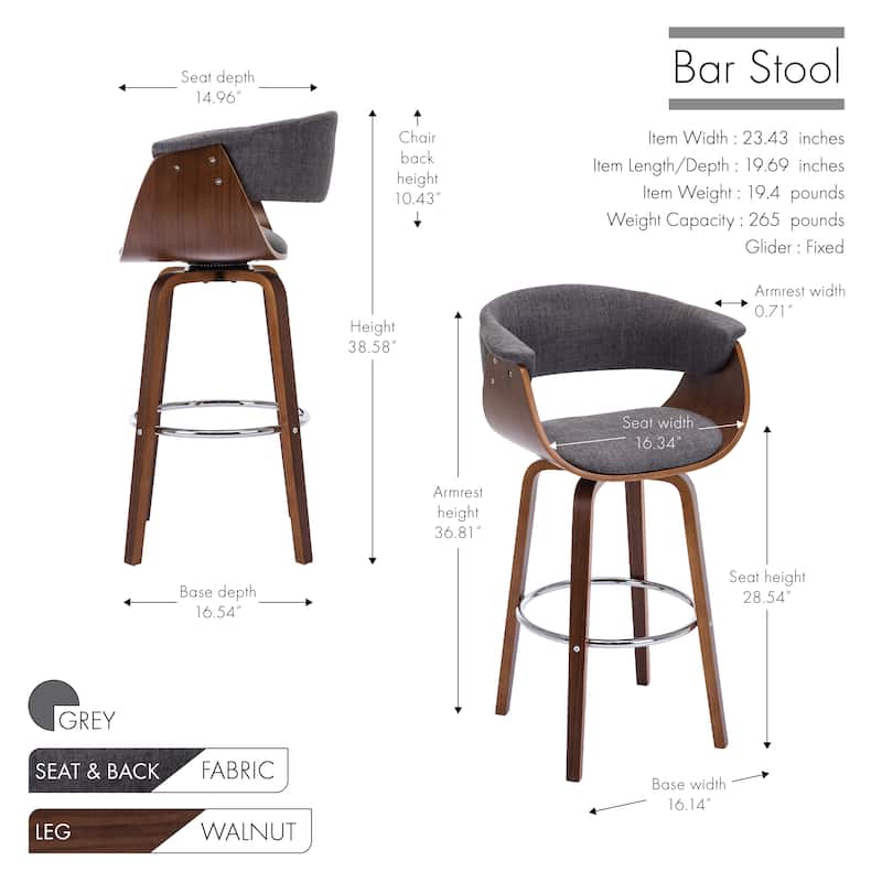 Porthos Home Swivel Bar Stool, Curved Back/Seat, Fabric Upholstery