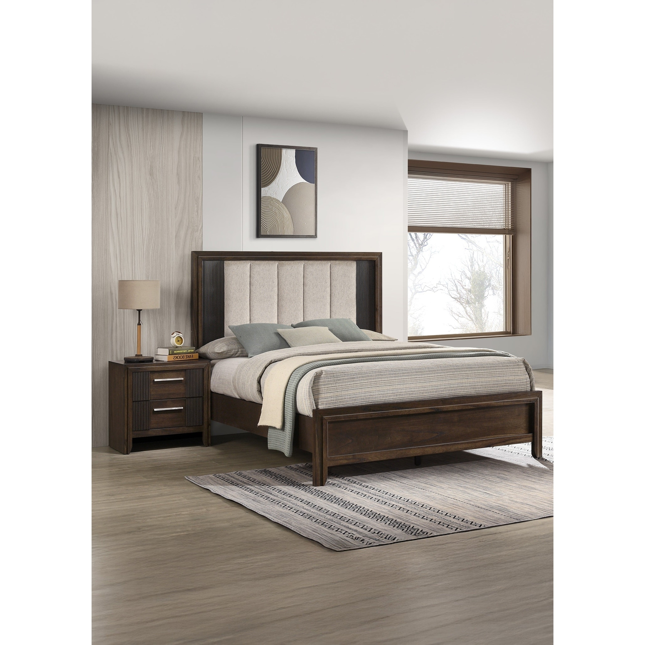 Brown Linear Upholstered Bed 2x Nightstand Set 3pc Bedroom Wooden Furniture