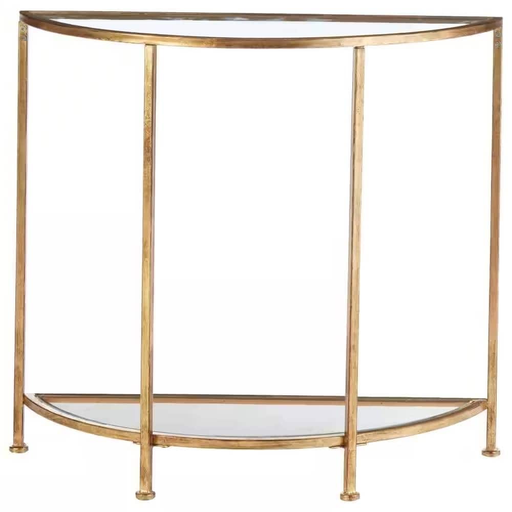 32” Modern Demilune Entryway Gold Console Table with Glass Top and Bottom Shelf for Living Room - 32”W x 12”D x 30”H