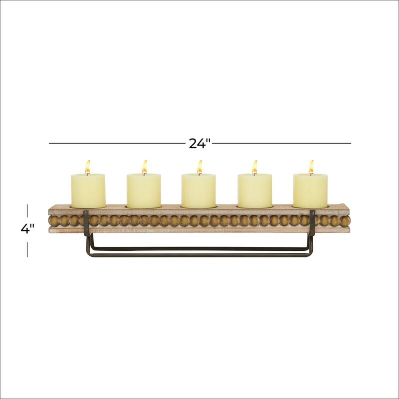 Wooden Beaded Pillar 5 Plate Candelabra - Brown - Roche River Decor - 5"W x 24"L x 4"H