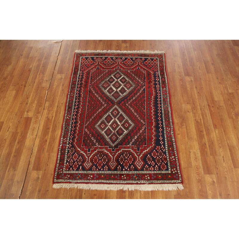 Hand Knotted Oriental 100% Wool Carpet Traditional Geometric Red Sirjan Area Rug - 4' 8'' X 3' 3''