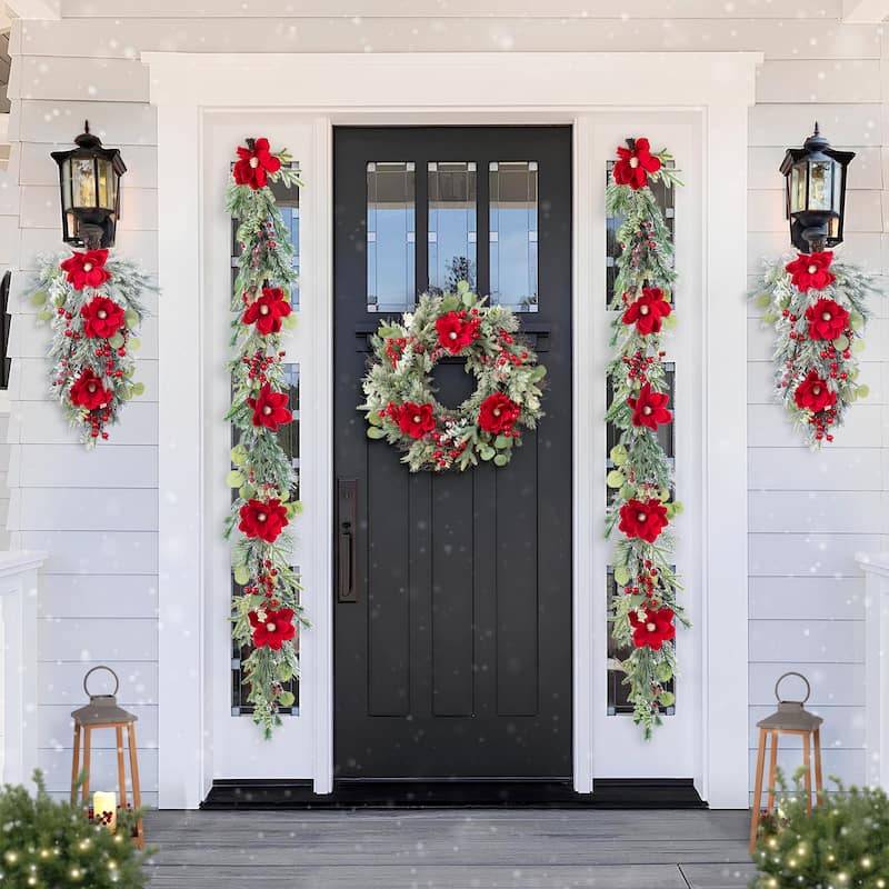 Glitzhome Christmas Red Mangnolia & Berry Wreath Garland Teardrop Hanging Decor