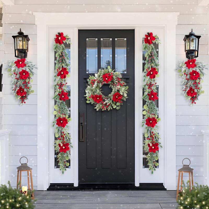 Glitzhome Christmas Red Mangnolia & Berry Wreath Garland Teardrop Hanging Decor