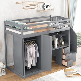 Versatile Twin Loft Kids Bed with Wardrobe,Stair,Desk,Drawer,Cabinet