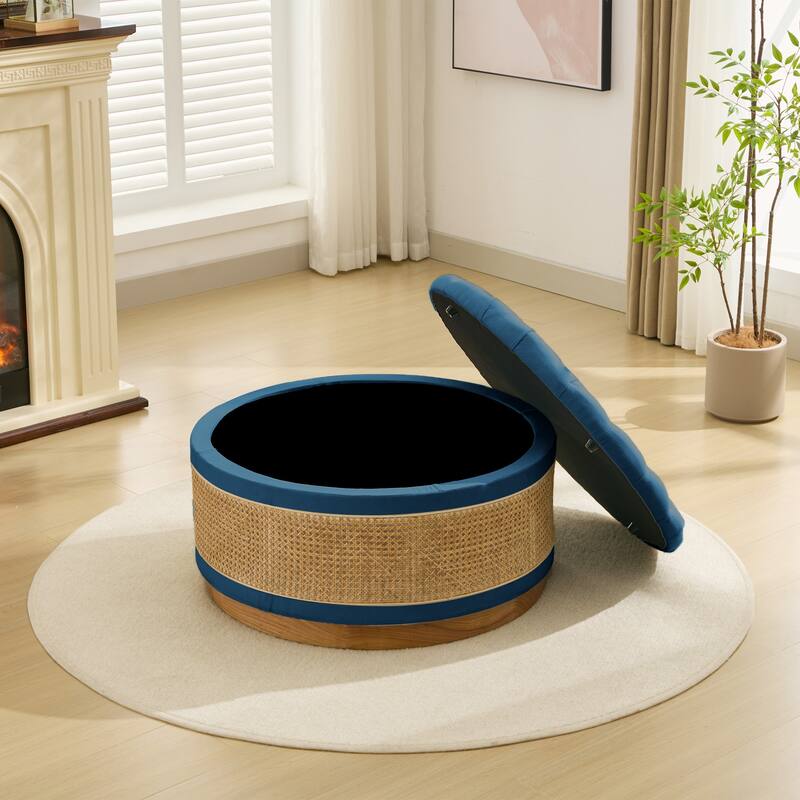 Linen & Rattan Round Storage Ottoman, Button-tufted Upholstery
