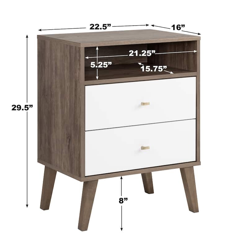 Prepac Milo Mid-Century Modern 2 Drawer Nightstand with Open Shelf, Bedside Table, Contemporary Bedroom Furniture