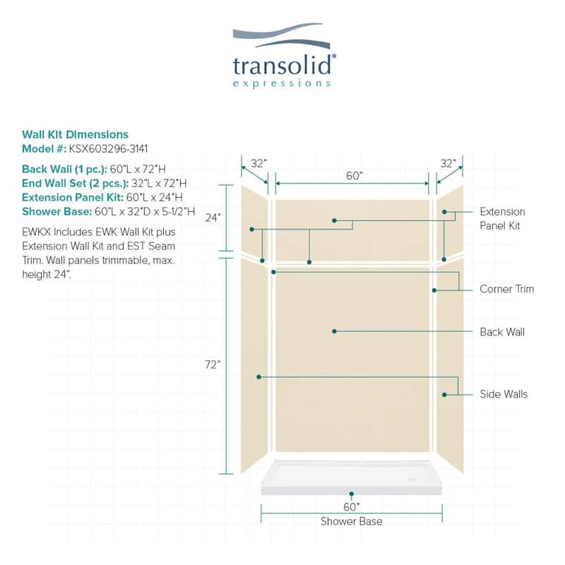 Transolid Expressions 60-in X 32-in X 96-in Glue to Wall Shower Kit - 32" x 60" x 96" - 32" x 60" x 96"