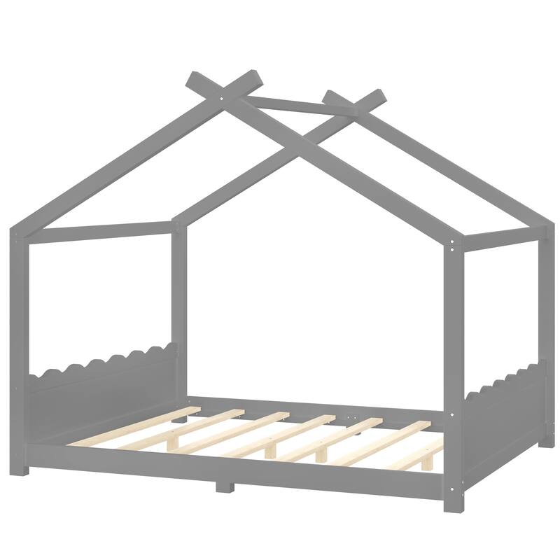 Roomfitters House Floor Bed with Support Slats, Solid Wood Open Frame Design