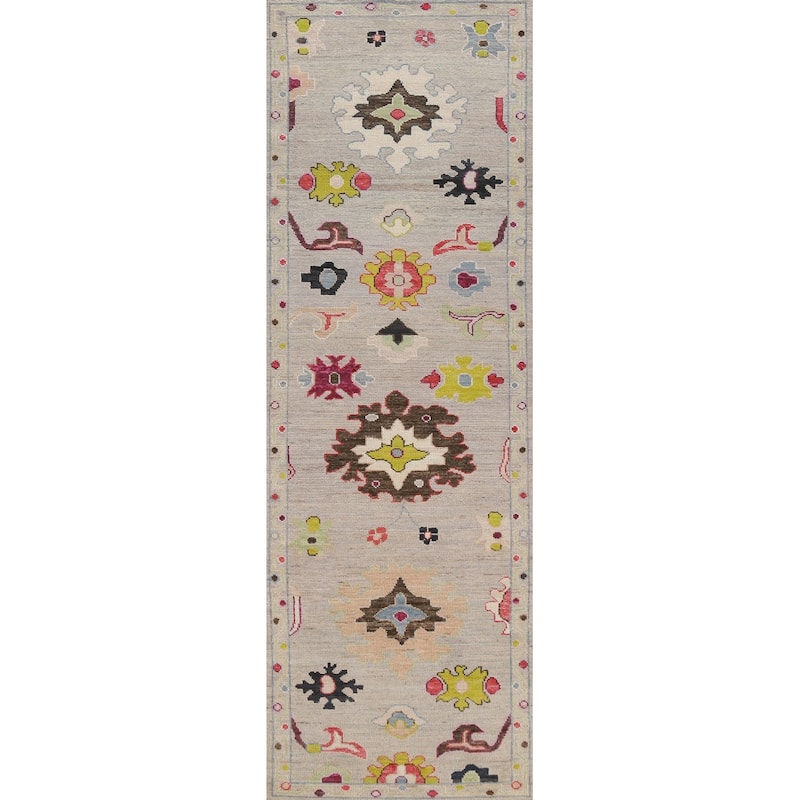 Hand Knotted Oriental 100% Wool Carpet Transitional All-Over Beige & Ivories Oushak Runner Rug - 9' 11'' X 2' 9''
