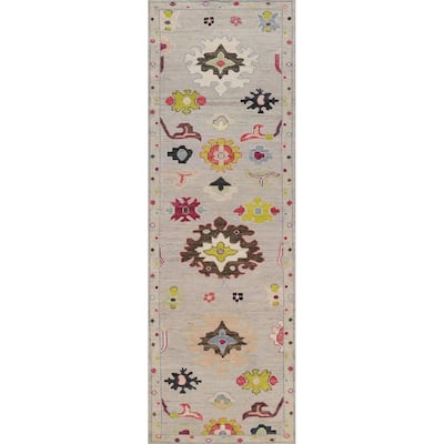 Hand Knotted Oriental 100% Wool Carpet Transitional All-Over Beige & Ivories Oushak Runner Rug - 9' 11'' X 2' 9''