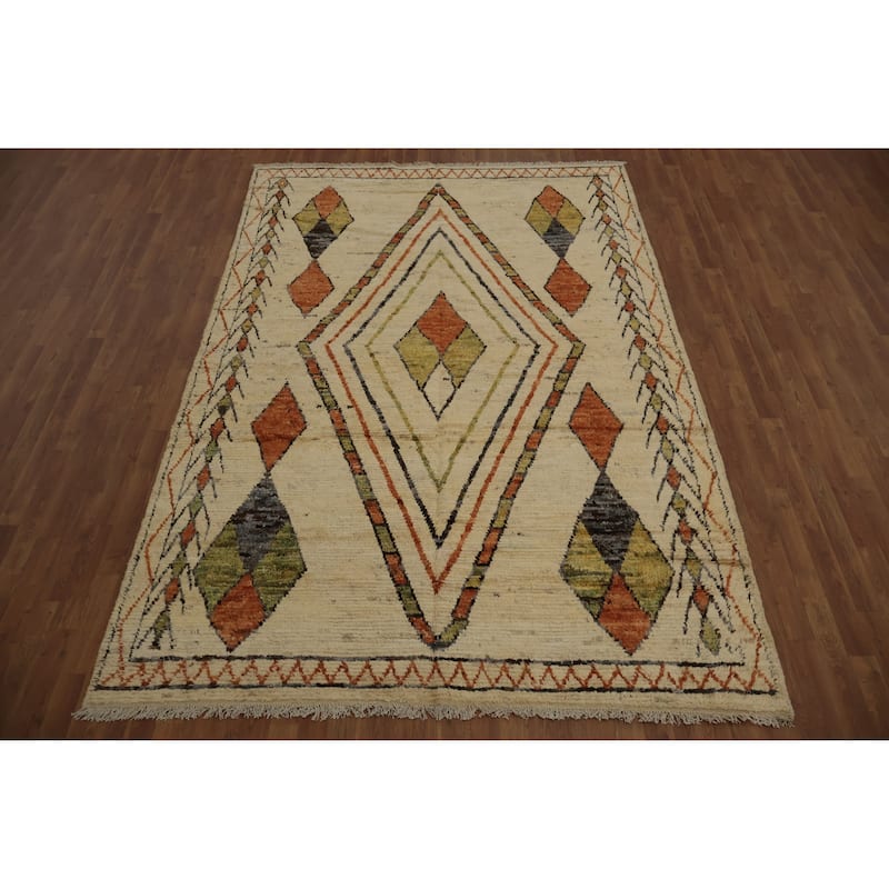 Hand Knotted Oriental 100% Wool Carpet Modern Tribal Beige & Ivories Moroccan Area Rug - 10' 3'' X 7' 0''