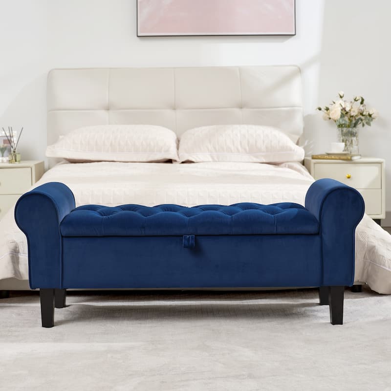 Velvet Storage Bench With Rubber Wood Legs for Bedroom - Navy Blue