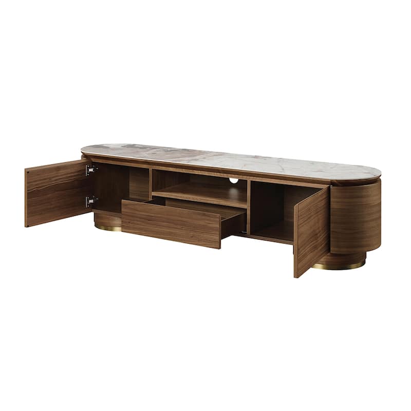 1 Drawer and 2 Doors TV Stand with Ceramic Top in Dark Oak