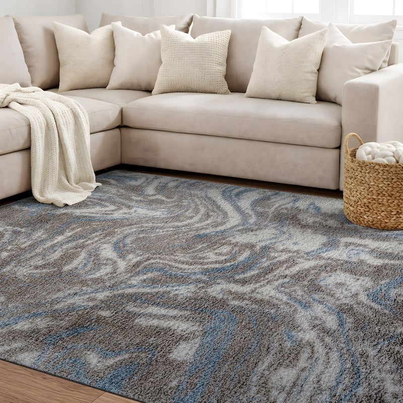Abstract Marble Shag Rug - Anthracite Dark Gray - Plush Medium Pile, Durable with Jute Backing