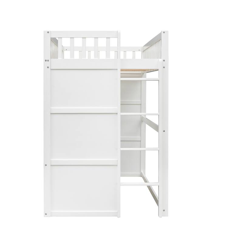 White Twin Size Loft Bed with Ladder, Solid Pine Wood Construction, Elegant Design