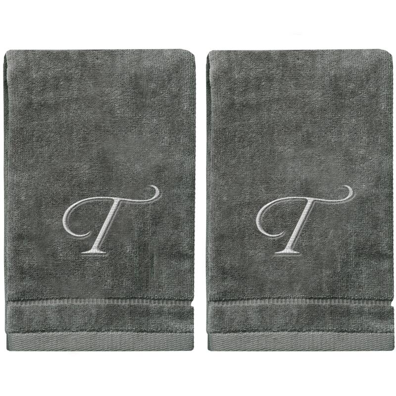 Soft Velour Silver Monogrammed Towels Fingertip - Set of 2 - T