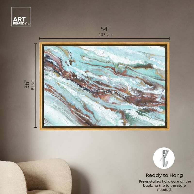 Art Remedy Mint Waves Framed Blue Abstract 1 Piece Canvas Wall Art