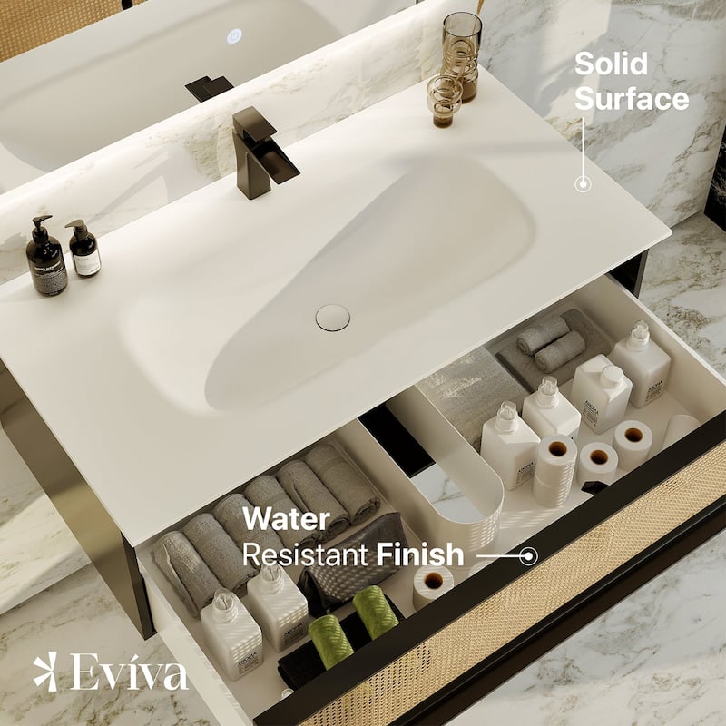 Nets 32"W Natural Oak/Black SS Bath Vanity with Solid Surface Top