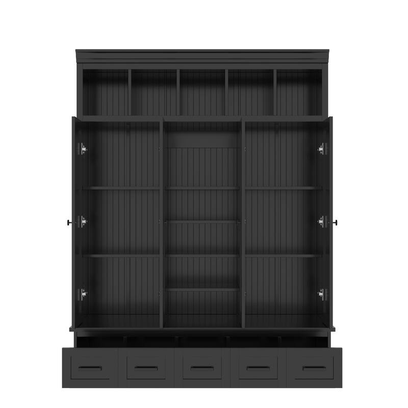 Large Wood Hall Tree with Bench, Modern 4 Door Entrance Storage Cabinet w/ 5 Drawers, Adjustable Shelves for Living Room