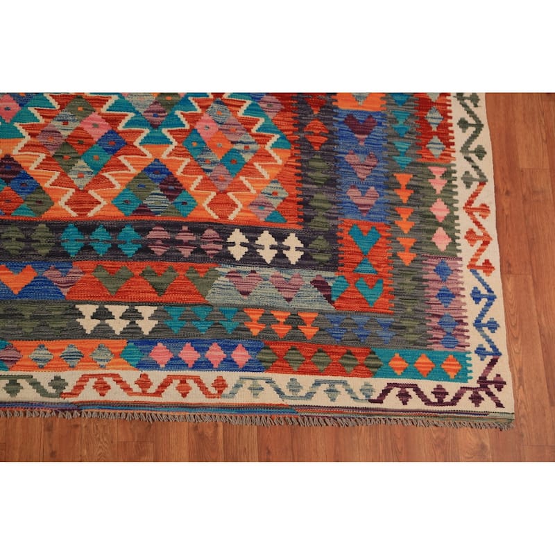 Reversable Kilim Oriental Area Rug Hand-Woven Orange Wool Carpet - 9'9"x 13'5"