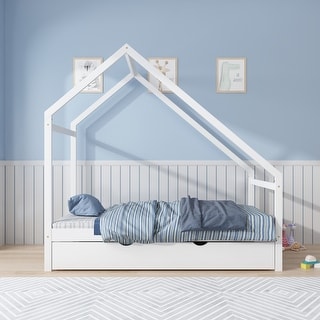 Twin Size Wooden House Bed With Twin Size Trundle