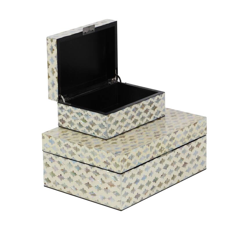 Mother of Pearl Shell Handmade Decorative Box - Set of 2 Beige, Black, Cream, White, Blue, Light Blue - Roche River Decor