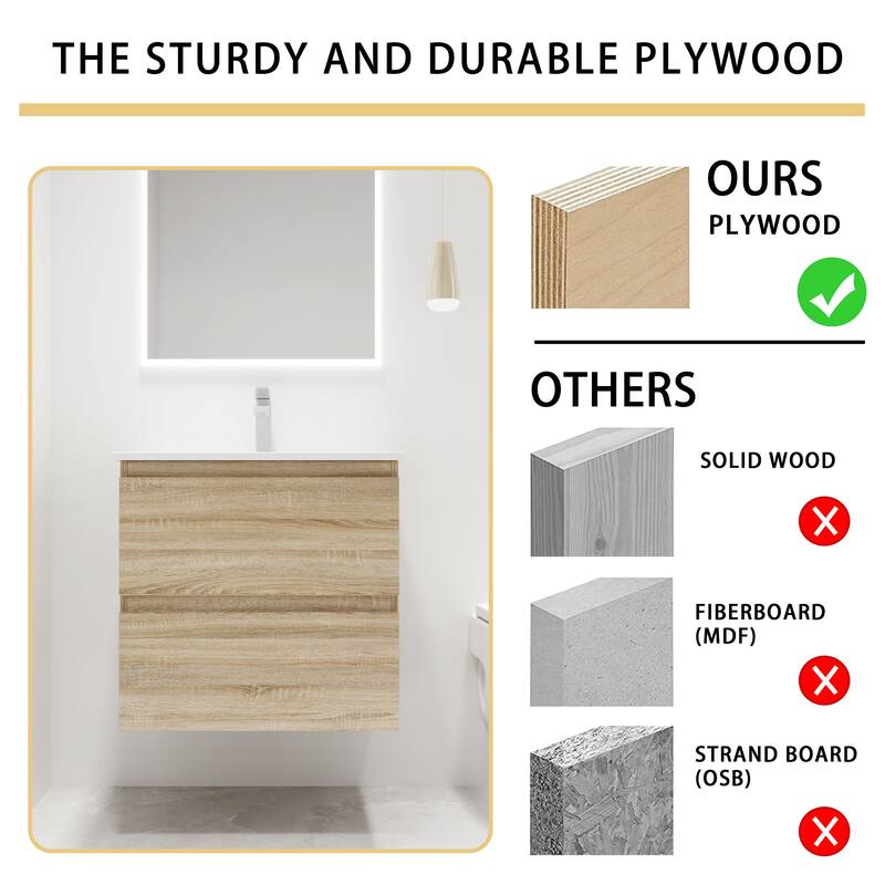 Malwee 24"/30" Floating Bathroom Vanity, Wall Mounted Bathroom Vanity with Resin Sink,2 Soft Close Drawers