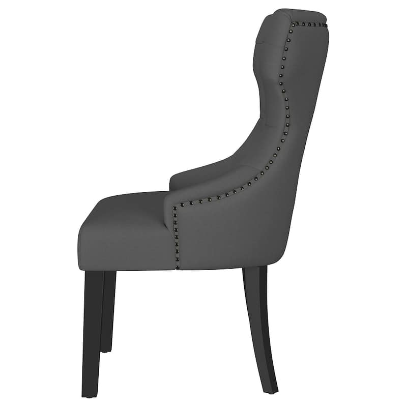 Aney Dining Side Chair, Curved Barrel Design, Gray Fabric, Black Wood
