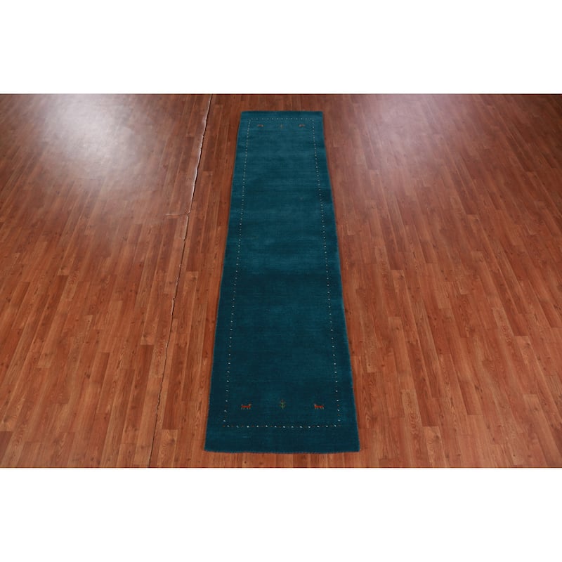 Hand Knotted Oriental 100% Wool Carpet Tribal Tribal Navy Blue & Blues Gabbeh Runner Rug - 9' 9'' X 2' 7''