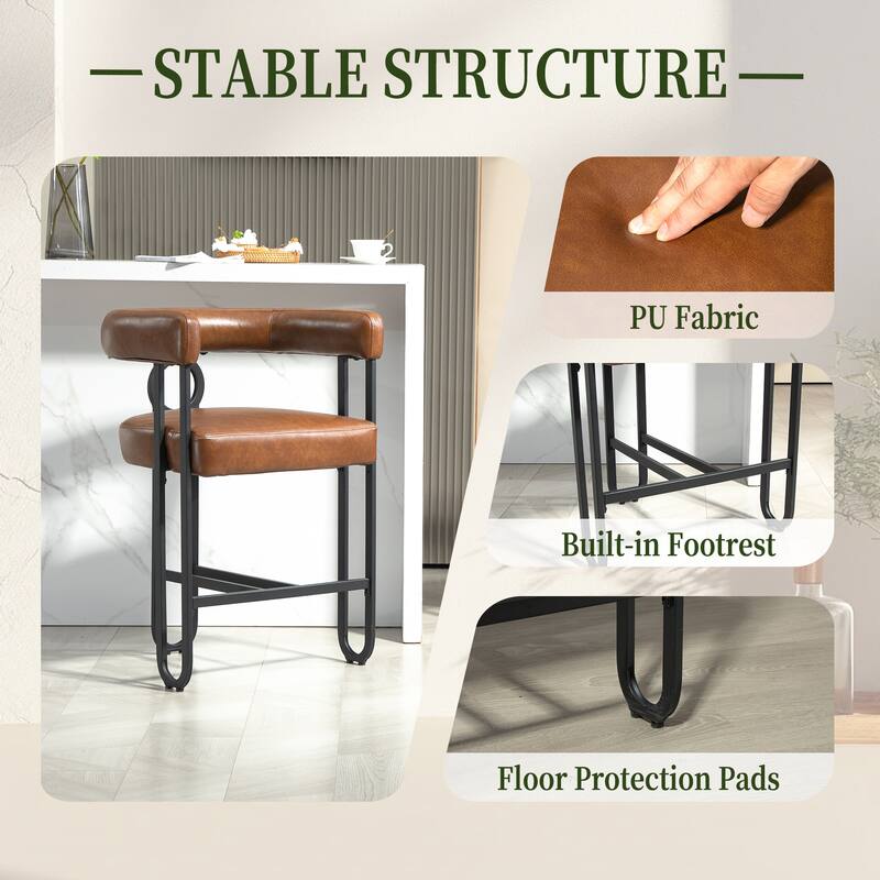 Bar Stools Set of 2, Upholstered Counter Height Stools with Back, Kitchen Island Chairs with Footrest and Metal Frame