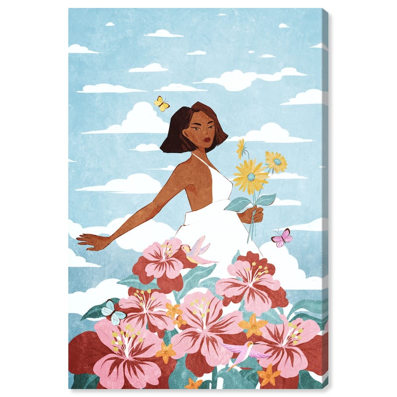 Wynwood Studio Canvas Fashion and Glam Dance with the Flowers White and Light Blue Tropical Wall Art Canvas Print