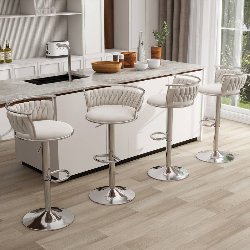 4 Set Modern Velvet Adjustable Swivel Bar Stools with Metal Frame