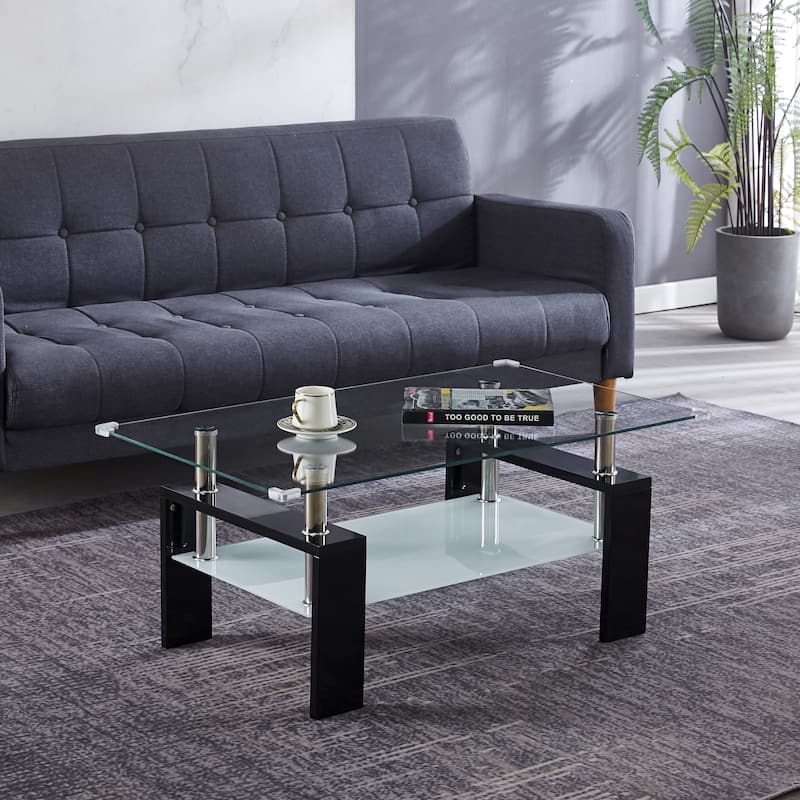 Artisan Center Coffee Table,Tempered Glass Top Stainless Steel Legs for Living Room - Black