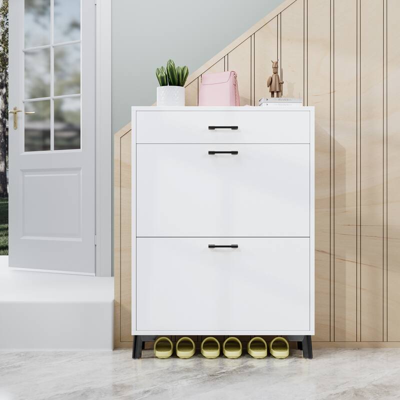 Modern Shoe Organizer with Flip Drawer Design, Metal Legs, and Gold Handle