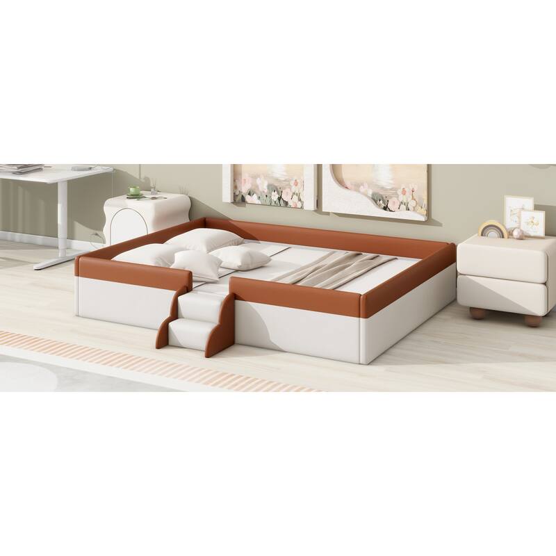 Roomfitters Twin/Full/Queen/King Size Upholstered Daybed Frame with Safety Fence and Stairs, PU Fabric Platform Bed with Slats