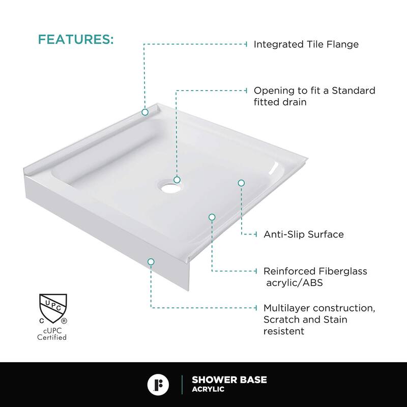 Fine Fixtures Single Threshold Acrylic Shower Base - Non-Slip Textured Surface Shower Floor Pan