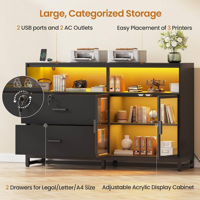59" LED File Cabinet 2 Drawers Filing Cabinets Legal/Letter/A4 File
