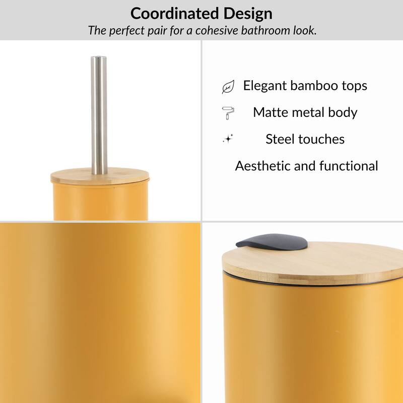 Bathroom Set with Bamboo Lid - Matte Metal Trash Can and Toilet Brush - 15.6" H x 11" L x 11" W
