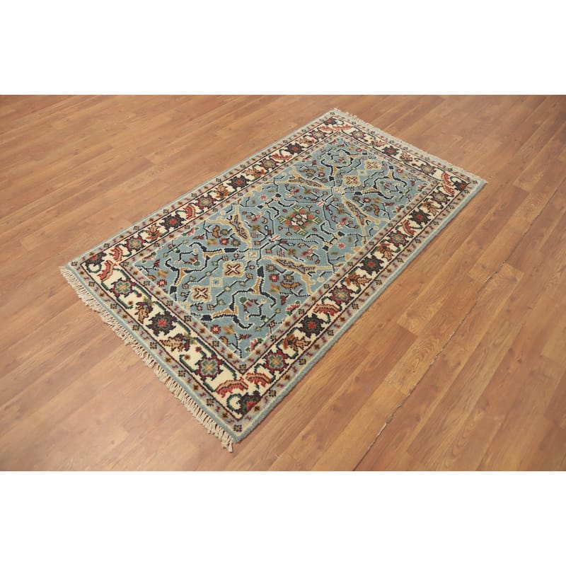 Hand-knotted Transitional Wool Carpet Blue Oushak Rug Floral Oriental Area Rug - 5' 0'' X 2' 10''