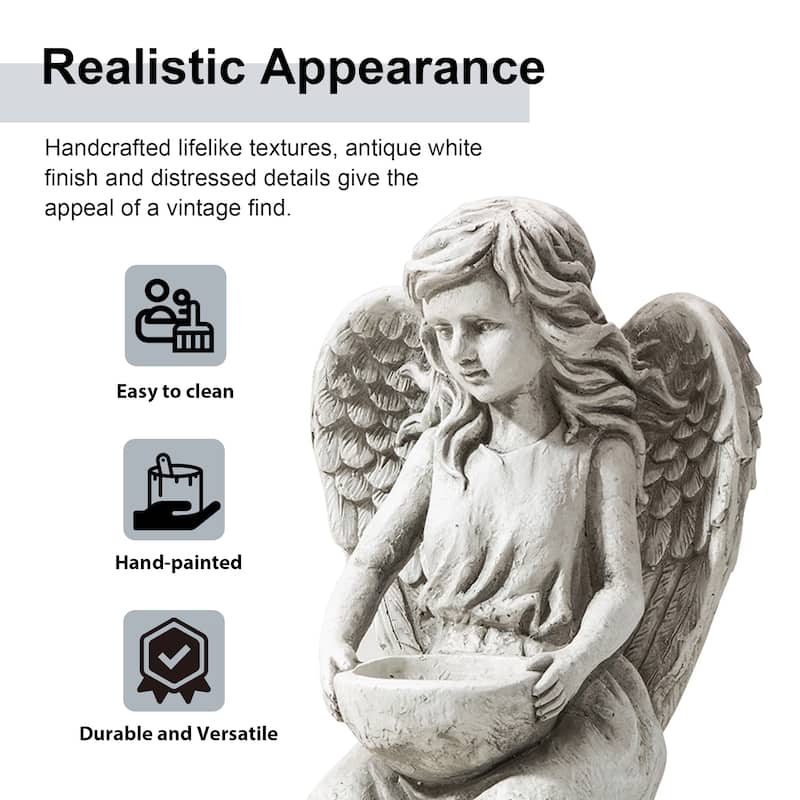 Glitzhome 31.25"H Vintage MgO Angel Distressed Garden Statue Sculpture with a Birdfeeder