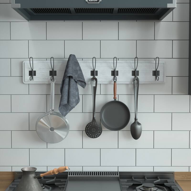Wall Mounted Storage Rack with 7 Hooks - White Wash