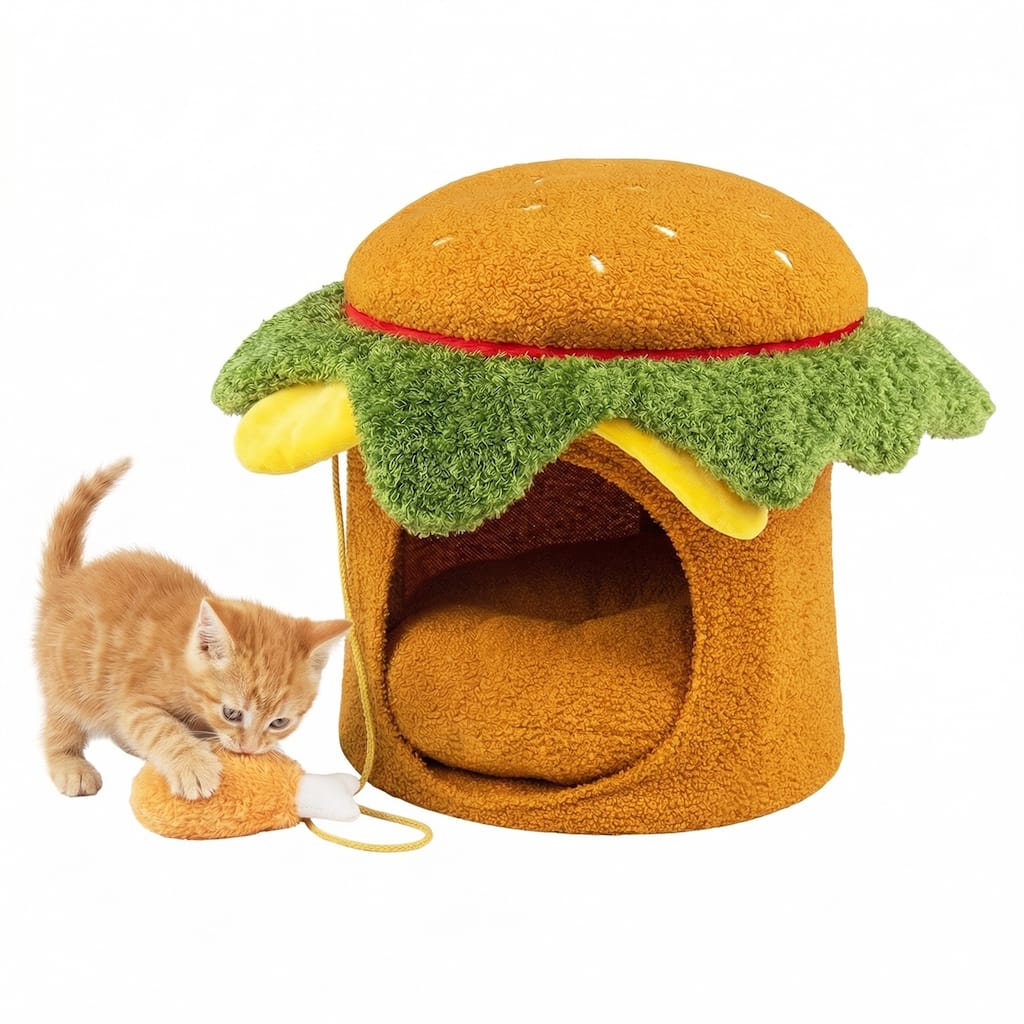 Gymax Hamburger Cat Nest w/Perch Chicken Drumstick Toy & Removable - Yellow, Green