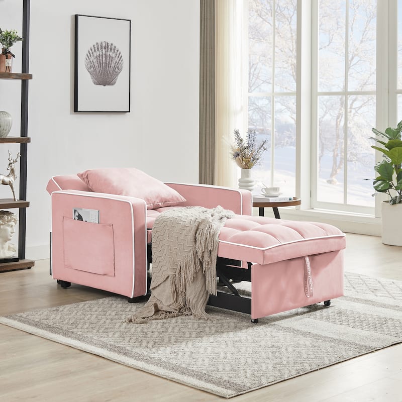 3 in 1 Convertible Sleeper Sofa Bed, Velvet Upholstered Sofa Recliner Chair, Single Sofa with Adjustable Backrest & Side Pockets - Pink