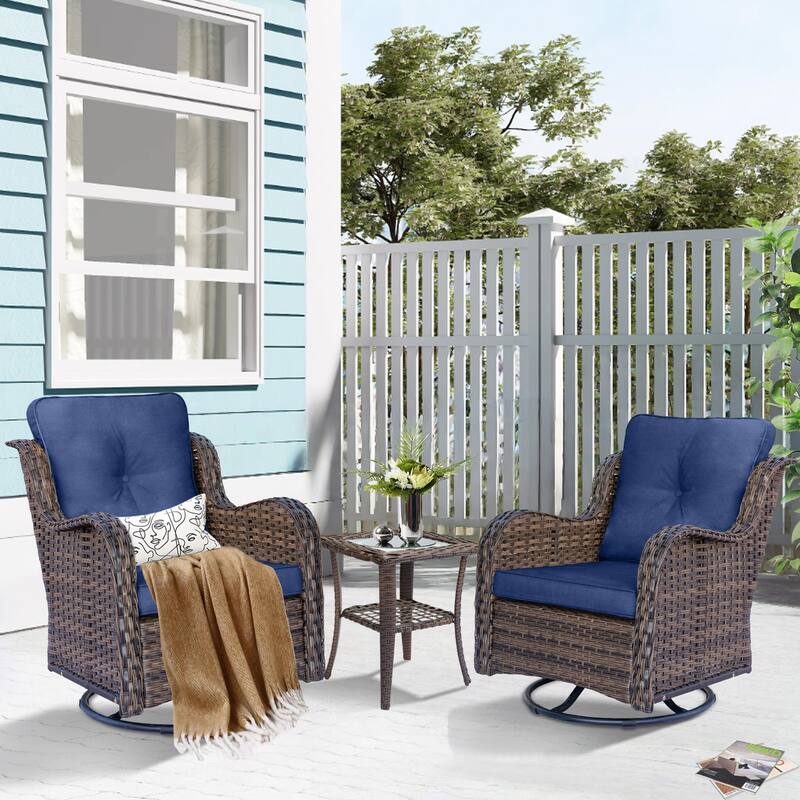 3 Piece High Back Outdoor Wicker Patio Conversation Swivel Chairs Set