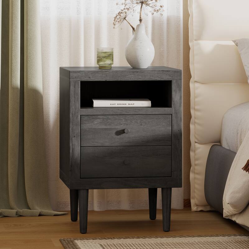 Roomfitters Modern Nightstand with Open Shelf and 2 Drawers, End Table Side Table for Bedroom or Living Room