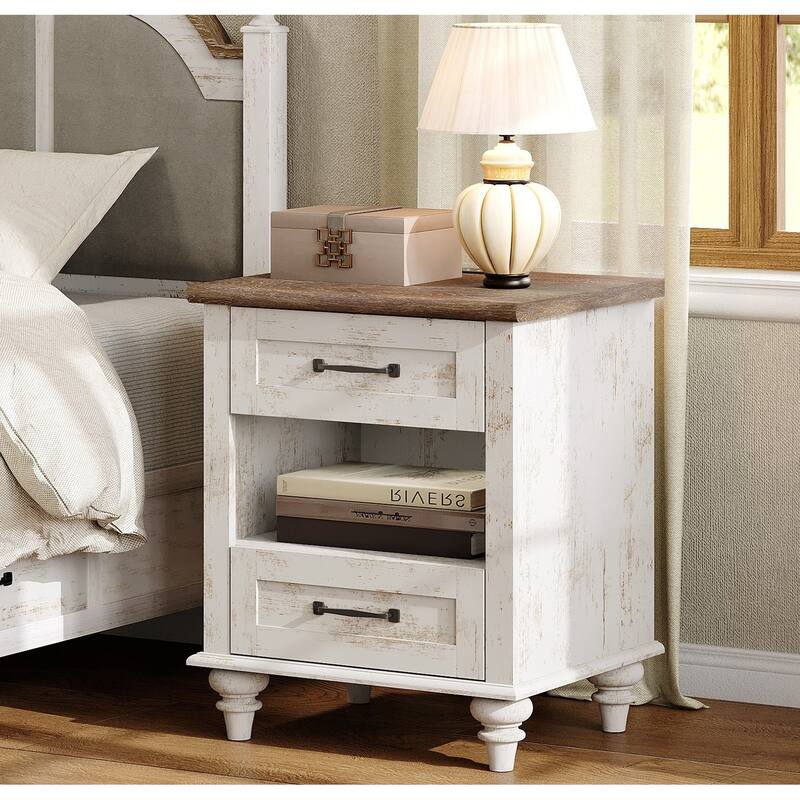 Farmhouse End Table Nightstands with Charging Station & Drawer