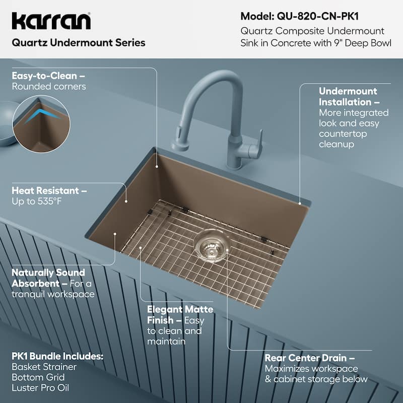 Karran Undermount 24.38 in Single Bowl Quartz Kitchen Sink Kit