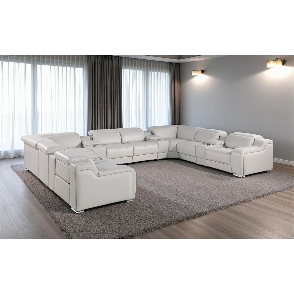 HomeRoots Light Gray Italian Leather Power Reclining U Shaped Twelve Piece Corner Sectional With Console
