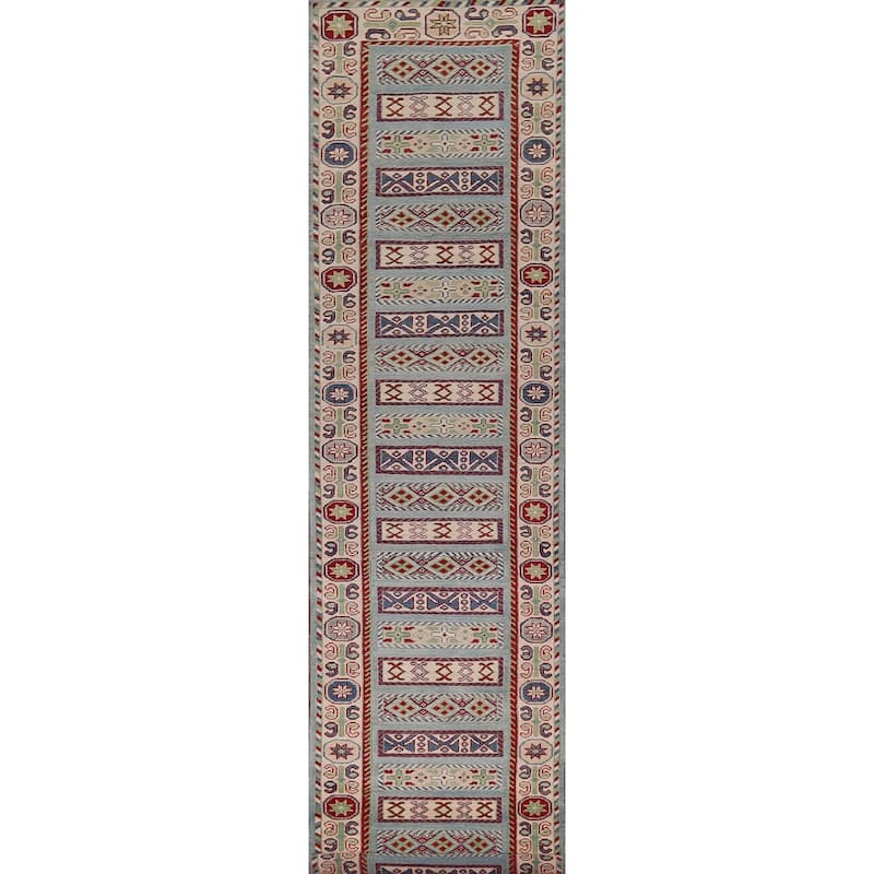 Geometric Blue Kazak Oriental Runner Rug Hand-Knotted Wool Carpet - 3'2" x 16'1"