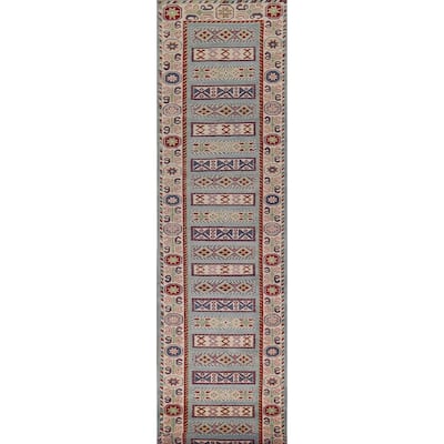 Geometric Blue Kazak Oriental Runner Rug Hand-Knotted Wool Carpet - 3'2" x 16'1"